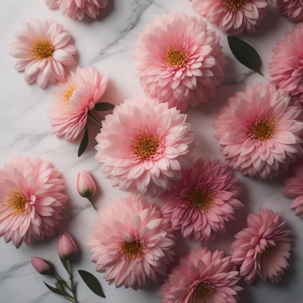 A bunch of pink flowers with yellow and red on them.