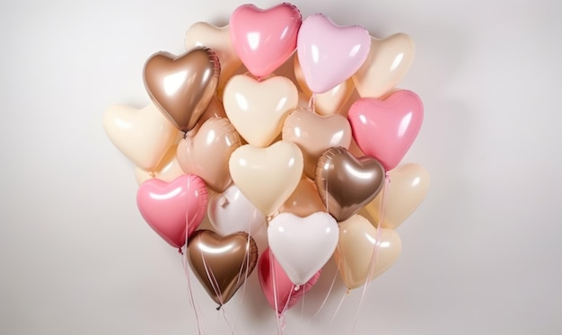 A bunch of pink and gold balloons with the word love on them.