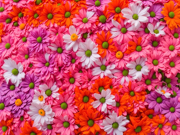 A bunch of pink and orange flowers with green center.