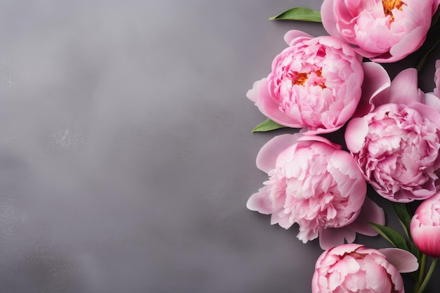 A bunch of pink peonies on a gray background