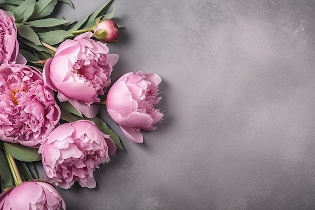 A bunch of pink peonies on a gray background