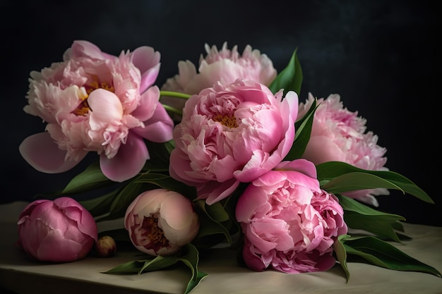 A bunch of pink peonies on a table