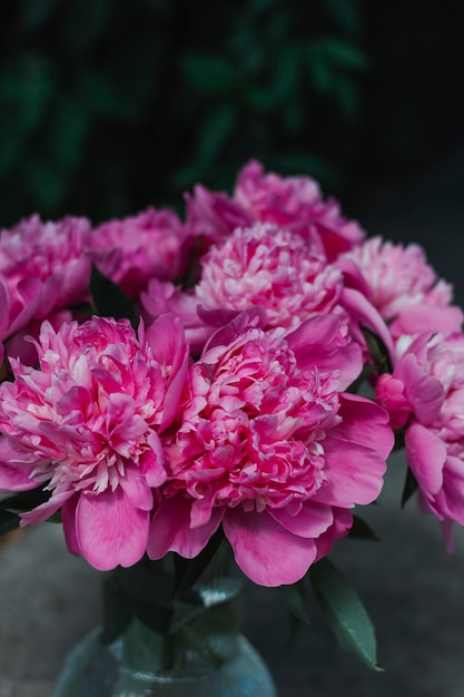 A bunch of pink peonies with the word peonies on it