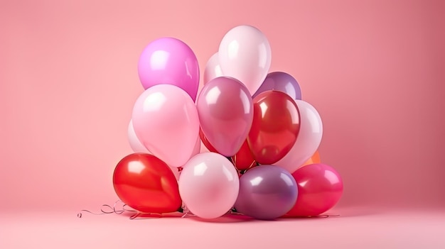 A bunch of pink and purple balloons on a pink background