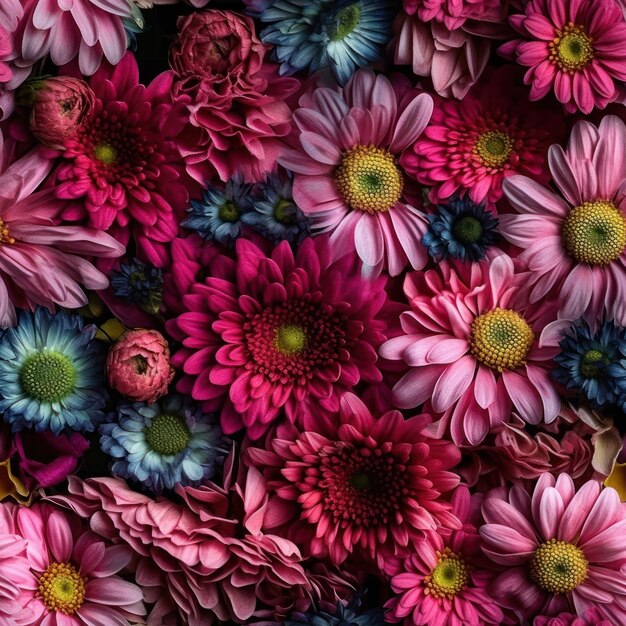 A bunch of pink and purple flowers are in a pile.