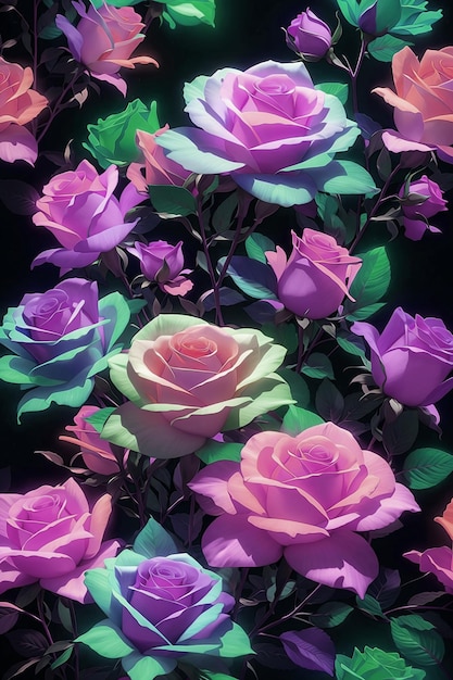 A bunch of pink and purple roses are on a black background