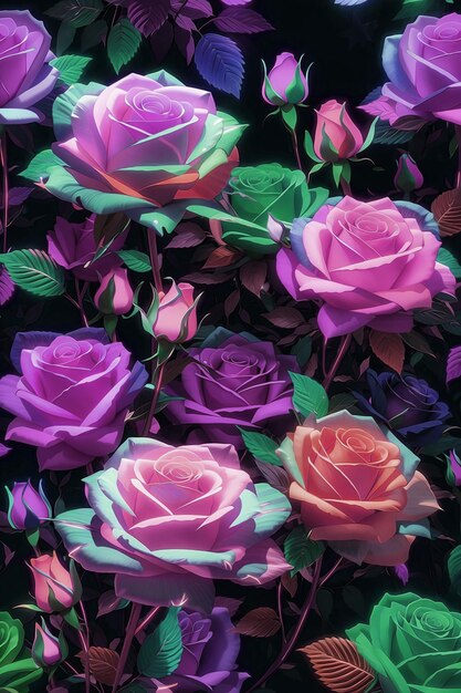 A bunch of pink and purple roses are on a black background