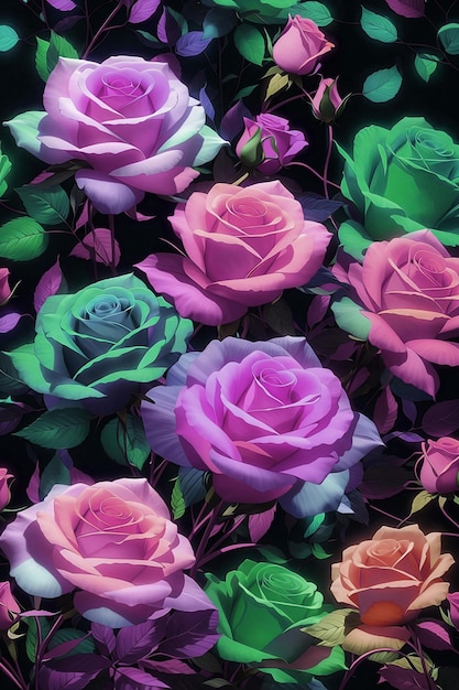 A bunch of pink and purple roses are on a black background