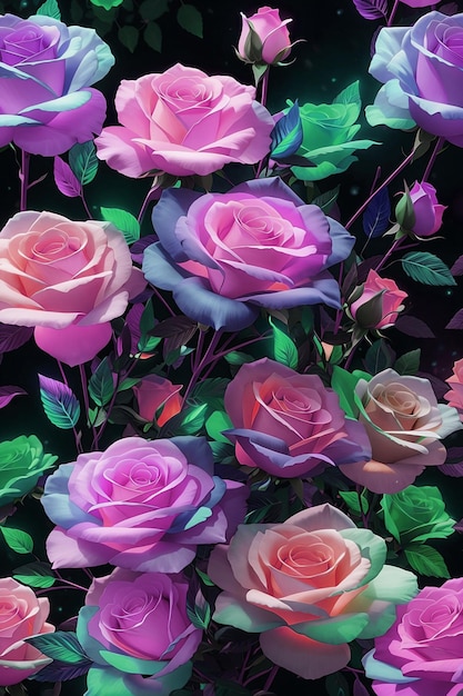 A bunch of pink and purple roses are on a black background