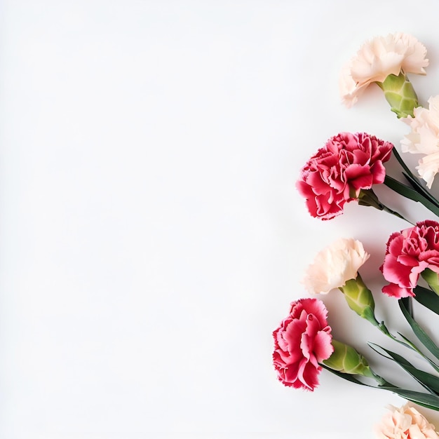 A bunch of pink and red carnations on a white background.