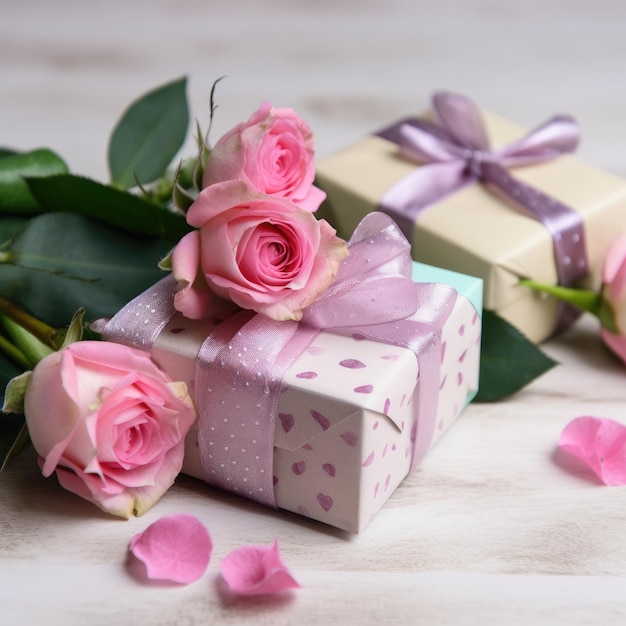 A bunch of pink roses are on a table next to a box with a gift.