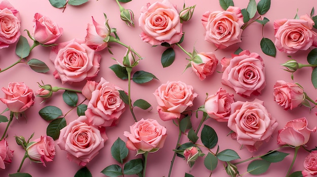 A bunch of pink roses on a pink background with leaves and stems on the petals and on the petals