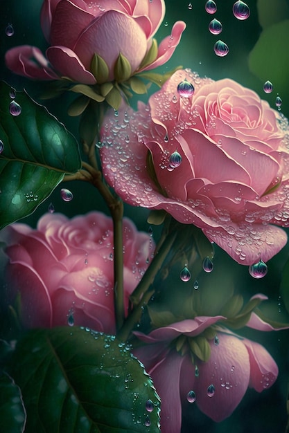 Bunch of pink roses sitting on top of a lush green field generative ai