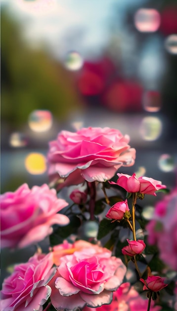 Bunch of pink roses sitting on top of a lush green field generative ai