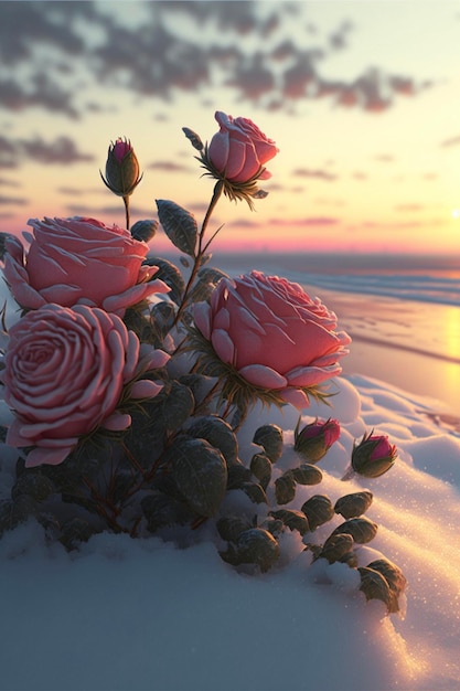 Bunch of pink roses sitting on top of a snow covered beach generative ai