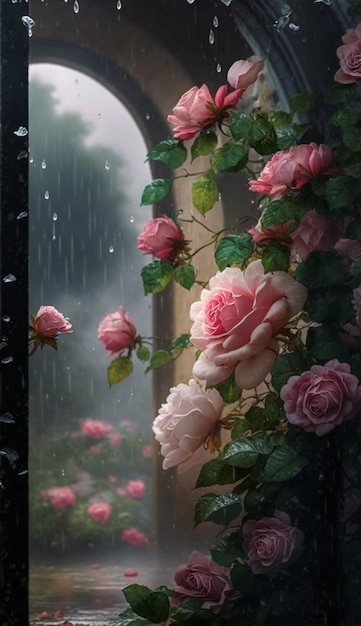 Bunch of pink roses sitting on top of a window sill generative ai