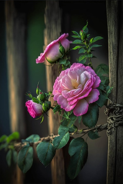 Bunch of pink roses sitting on top of a wooden fence generative ai