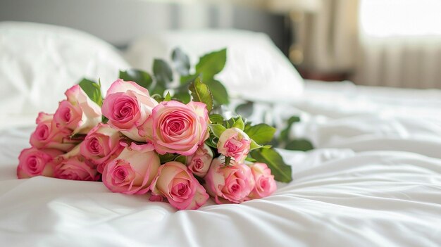 A bunch of pink roses on a white bed