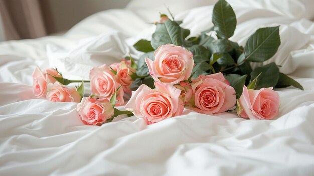 A bunch of pink roses on a white bed