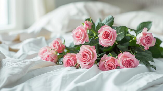 A bunch of pink roses on a white bed