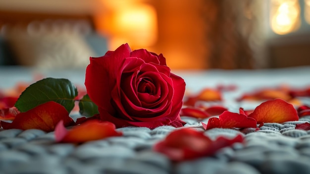 白いクロチェットカーディガンにピンクのバラの束 白い枕 小さな銀のランプと背景の木 驚きのバレンタインデー ベッドの柔らかい色のトーン
