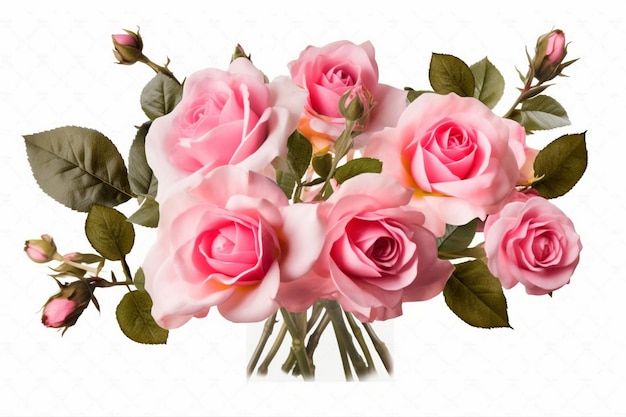 A bunch of pink roses with green leaves