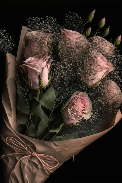 Bunch of pink roses wrapped in brown paper generative ai