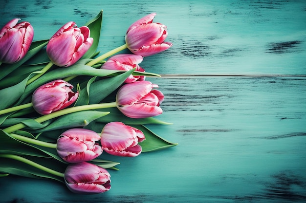 A bunch of pink tulips on a blue wooden background