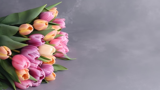 A bunch of pink tulips on a gray background