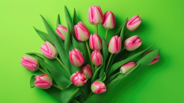 A bunch of pink tulips on a green background