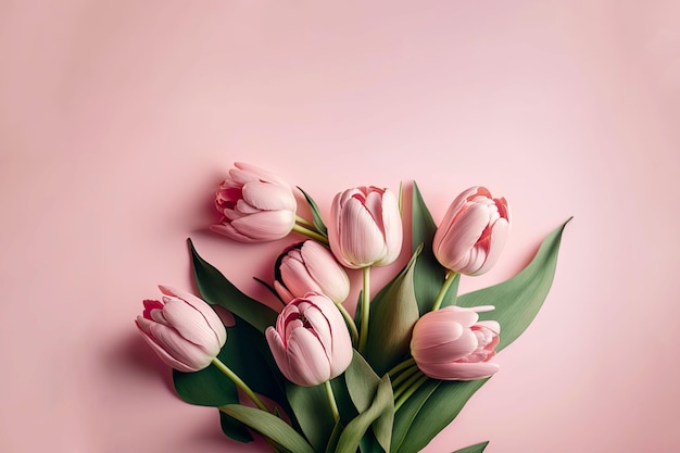 A bunch of pink tulips on a pink background Generative AI