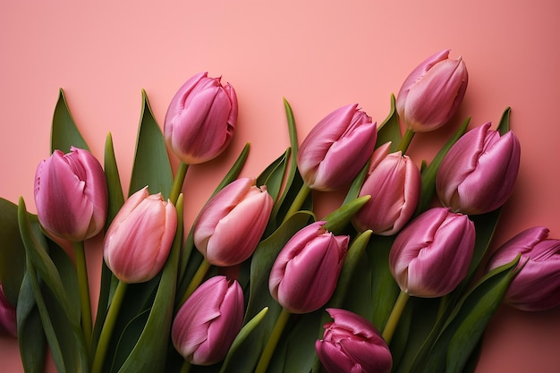 A bunch of pink tulips on a pink background
