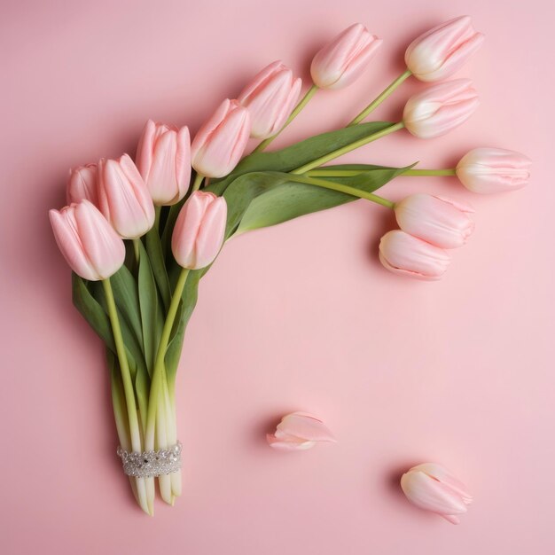 A bunch of pink tulips on a pink background