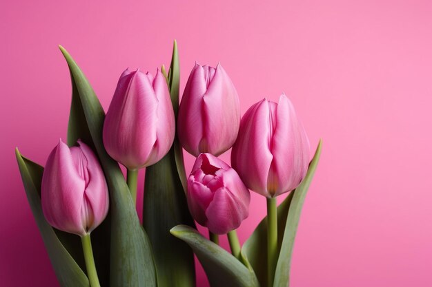 A bunch of pink tulips on a pink background