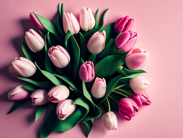 A bunch of pink tulips on a pink background