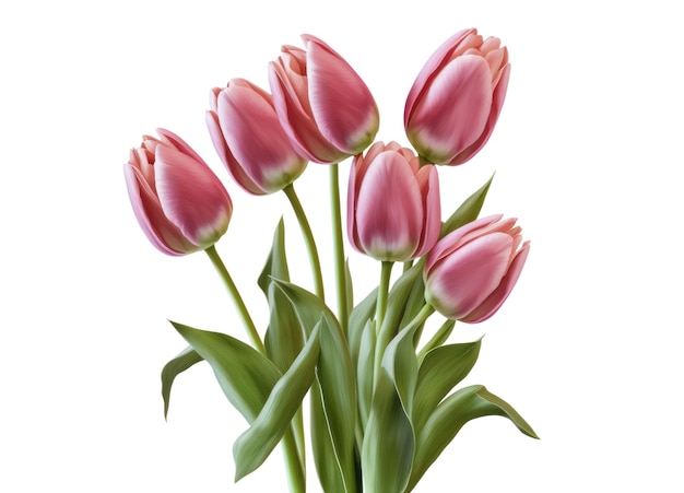 A bunch of pink tulips on a white background
