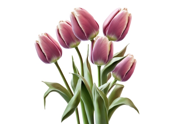 A bunch of pink tulips on a white background