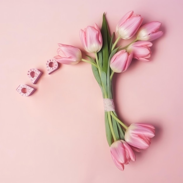 A bunch of pink tulips with the word love on it