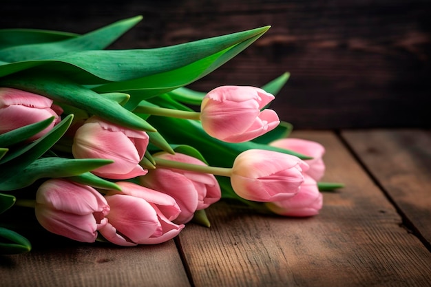 A bunch of pink tulips on a wooden table