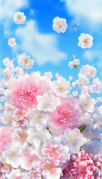 Bunch of pink and white flowers against a blue sky generative ai