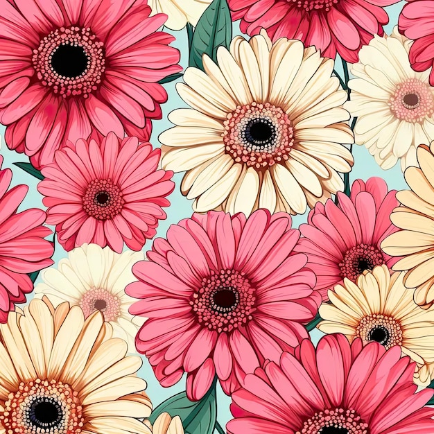 A bunch of pink and white flowers on a blue background