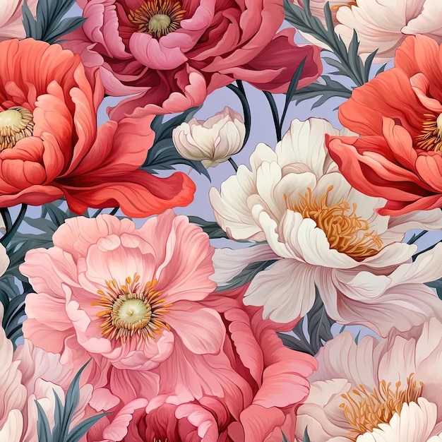 A bunch of pink and white flowers on a blue background