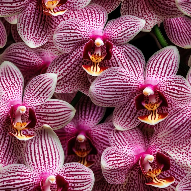 A bunch of pink and white orchids are displayed.