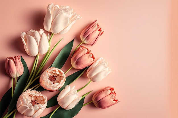 A bunch of pink and white tulips on a pink background generative AI