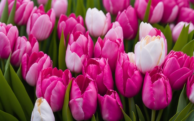 A bunch of pink and white tulips with one of them has the word tulips on it.