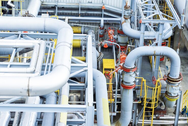 A bunch of pipelines and shutoff valves of a gas processing plant top view on a summer day
