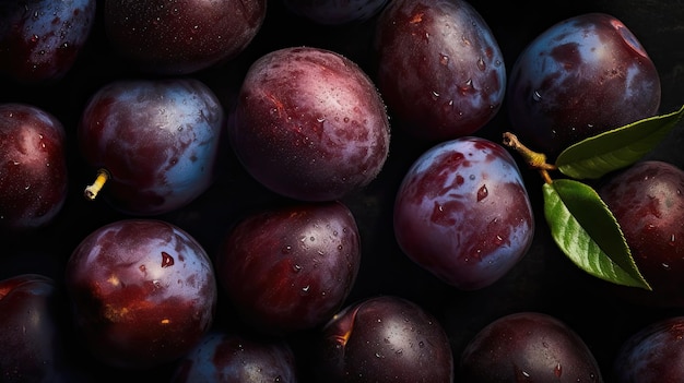 A bunch of plums on a black background