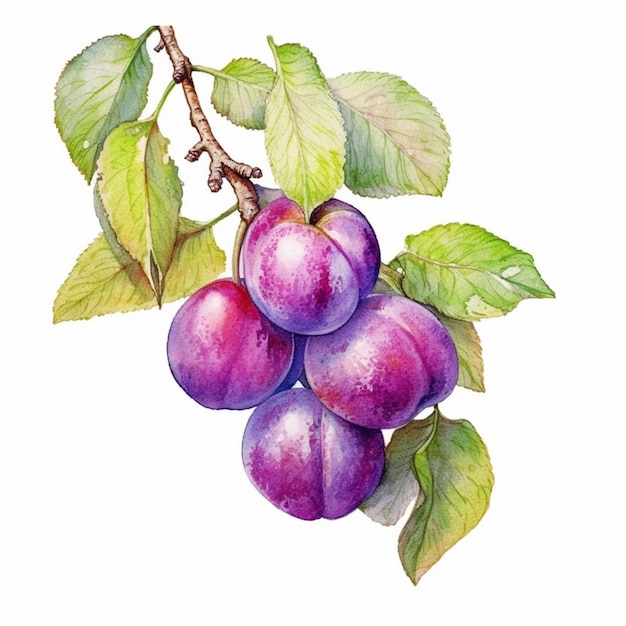 A bunch of plums on a branch with leaves