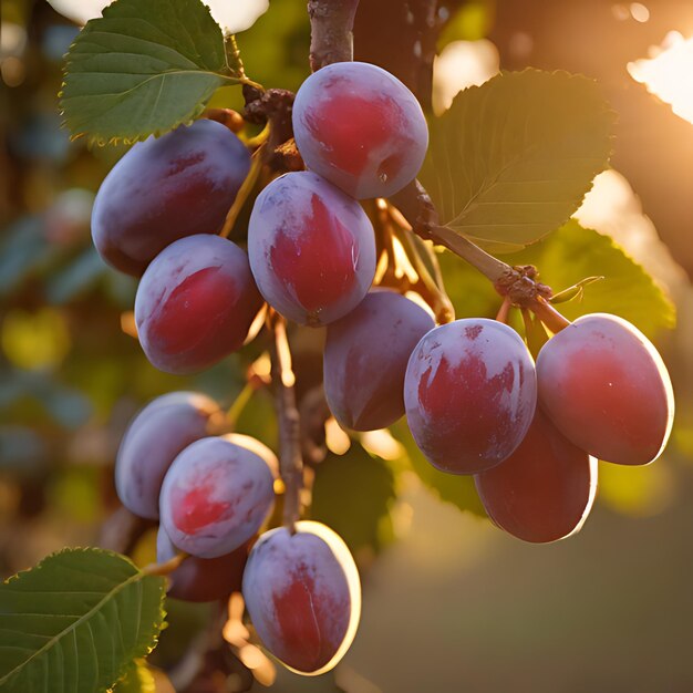 a bunch of plums hanging from a tree with the sun shining through the leaves