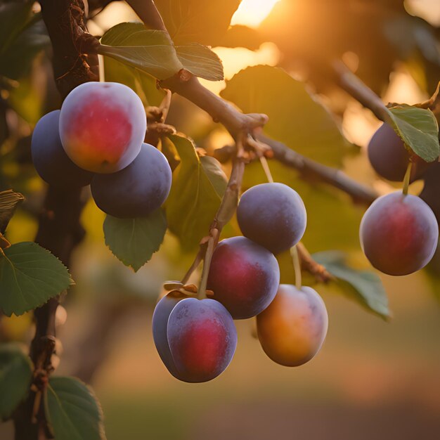 a bunch of plums hanging from a tree with the sun behind them